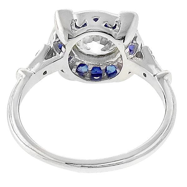 Art Deco Style GIA Certified 1.03ct Round Brilliant Diamond Faceted Cut Sapphire 18k White Gold Engagement Ring 