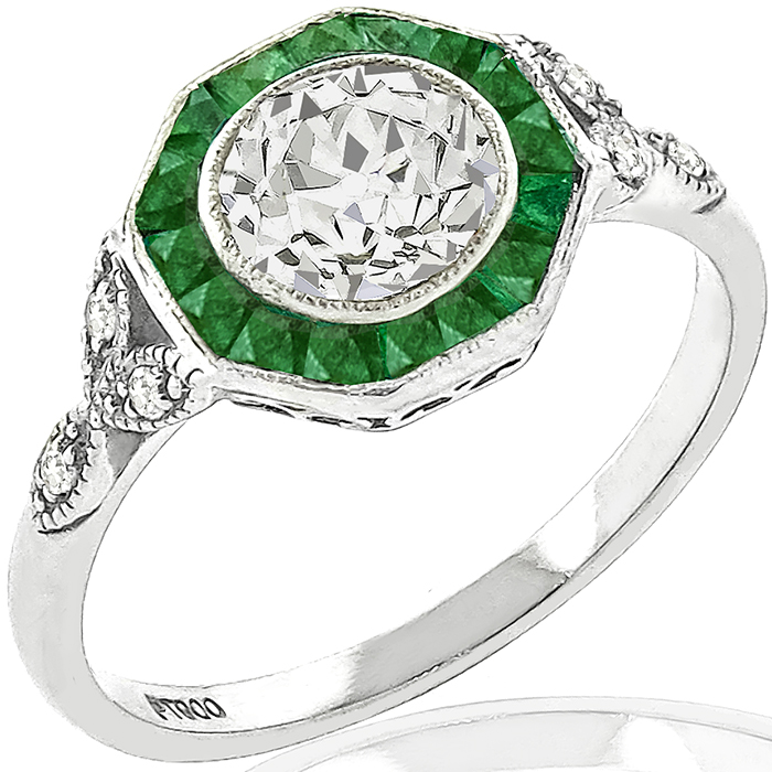 Old European Cut Diamond Emerald Platinum Engagement Ring