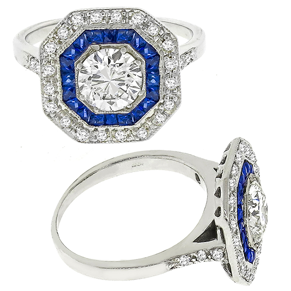 GIA 0.96ct Diamond Sapphire Gold Engagement Ring 