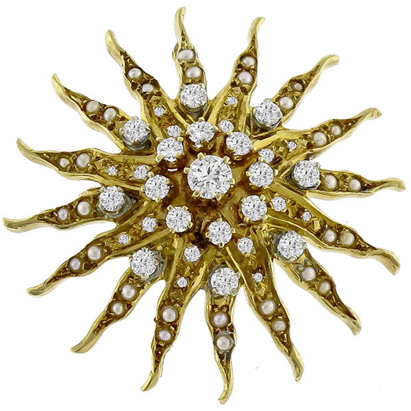 Diamond & Pearl Gold Sun Pin/ Pendant