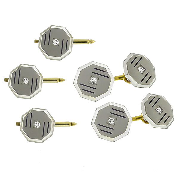 diamond crystal 14k yellow and white gold antique tuxedo stud set 1