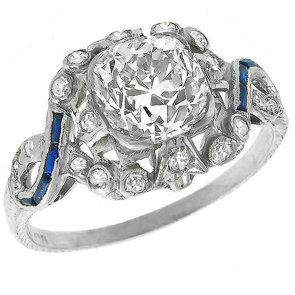 Art Deco 2.19ct Diamond Sapphire Platinum  Engagement Ring 1