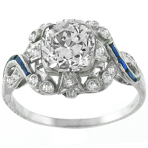 Art Deco 2.19ct Diamond Sapphire Platinum  Engagement Ring 1