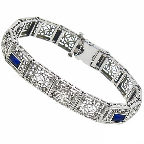 14k white gold Edwardian diamond and sapphire bracelet 1