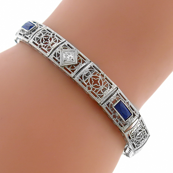 14k white gold Edwardian diamond and sapphire bracelet 1