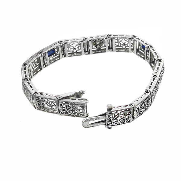 14k white gold Edwardian diamond and sapphire bracelet 1