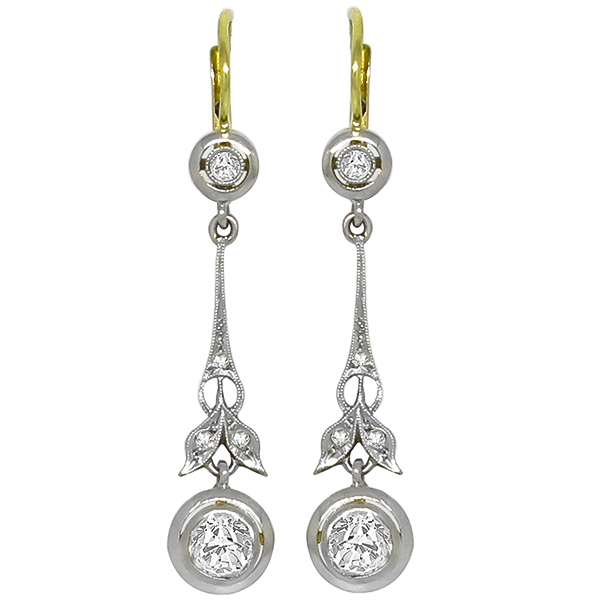 Antique Victorian 1.00ct Old Mine & Rose Cut  Diamond 14k White & Yellow Gold Drop Earrings