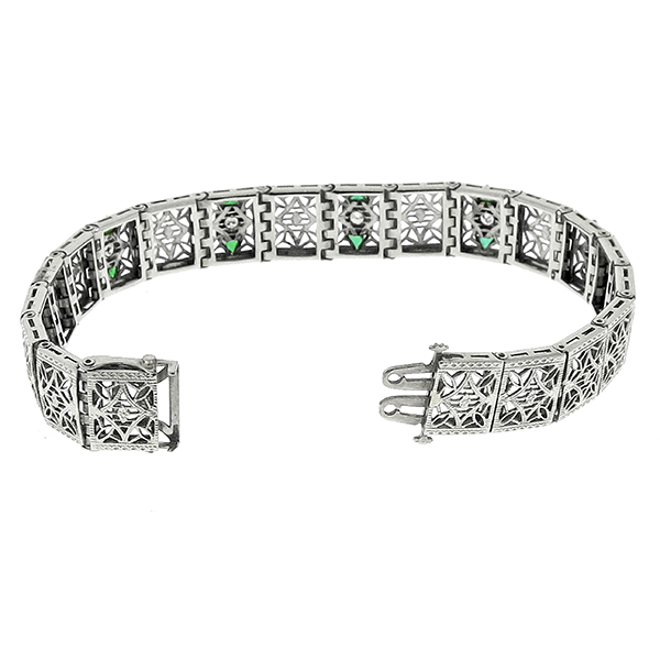 Estate Edwardian 0.25ct Round Brilliant Diamond Emerald 18k White Gold Filigree Bracelet
