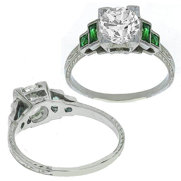 Antique GIA Diamond Emerald Gold Engagement Ring
