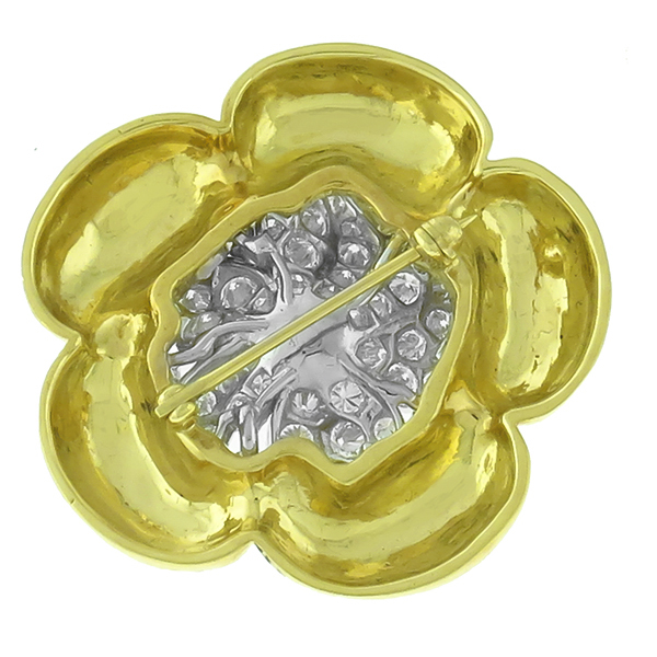 18k yellow gold platinum diamond emerald sapphire floral pin  1