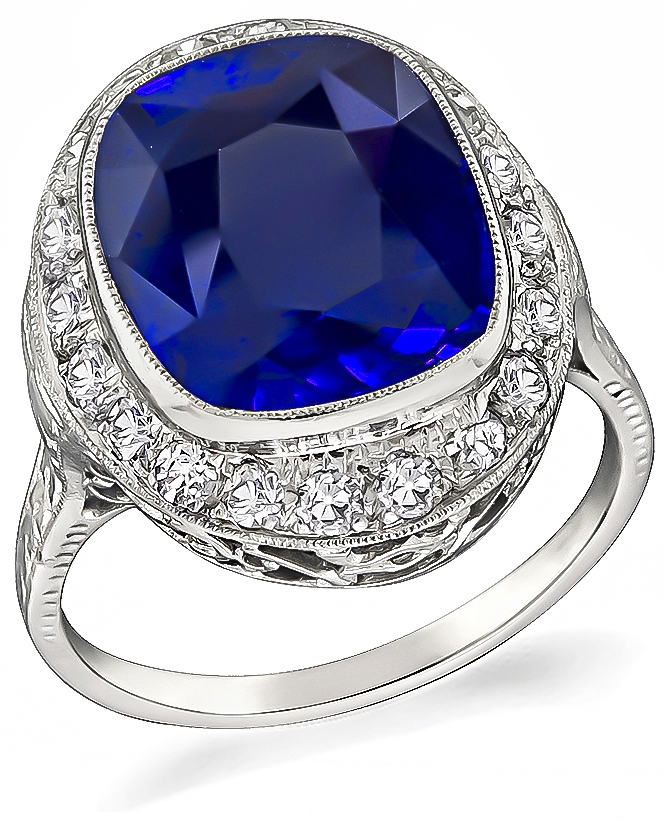 Art Deco 7.34ct Ceylon Sapphire 0.80ct Diamond Engagement Ring 