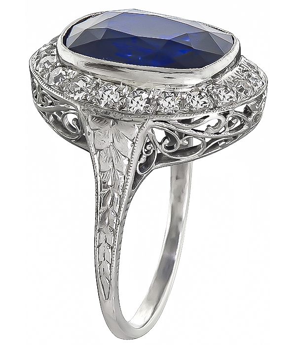 Art Deco 7.34ct Ceylon Sapphire 0.80ct Diamond Engagement Ring 