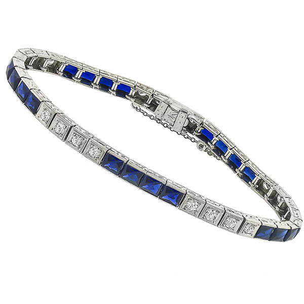 Art Deco  Faceted Sapphire 1.60ct Round Brilliant Diamond Platinum Bracelet