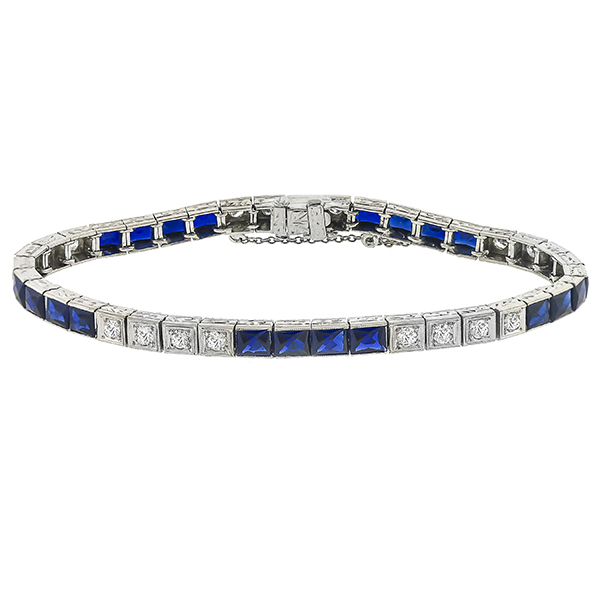 Art Deco  Faceted Sapphire 1.60ct Round Brilliant Diamond Platinum Bracelet