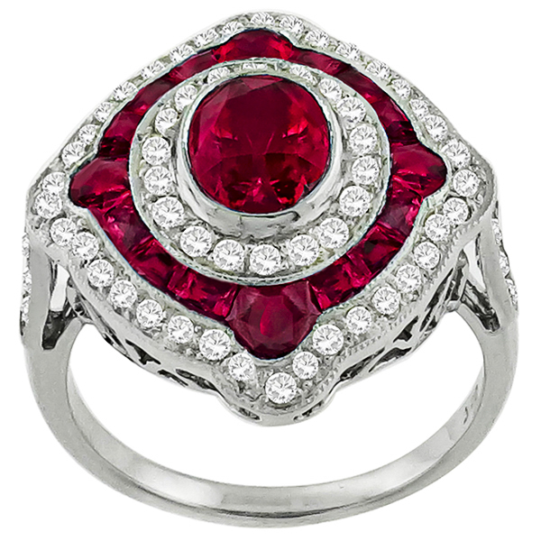 Art Deco Style 1.10ct Oval Cut 1.13ct Faceted Cut Ruby  0.63ct Round Cut Diamond 18k White Gold Ring 