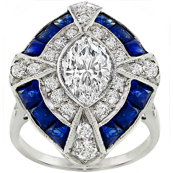 Art Deco Style 1.16ct Marquise Cut Diamond 2.58ct French Cut Sapphire 18k White Gold Ring