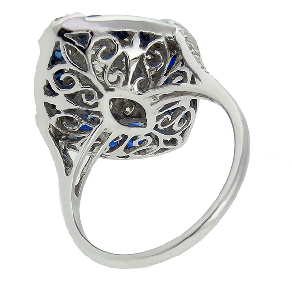 Art Deco Style 1.16ct Marquise Cut Diamond 2.58ct French Cut Sapphire 18k White Gold Ring