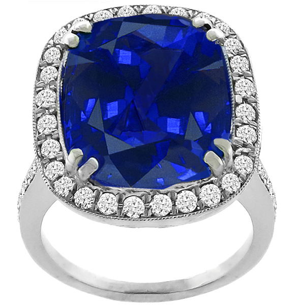 Art Deco Style 12.04ct Cushion Cut Ceylon Sapphire 1.00ct Round Cut Diamond Platinum Engagement Ring