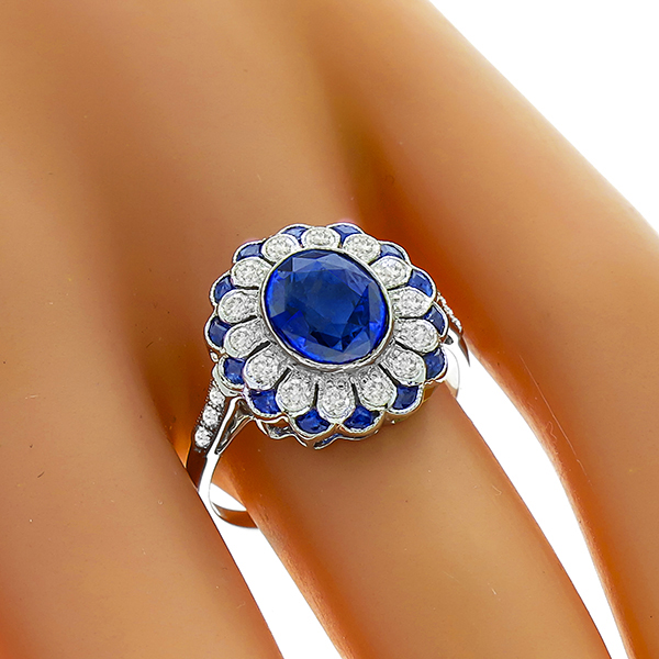 Art Deco Style 1.56ct Oval Cut Center Sapphire & 0.35ct Faceted Cut Sapphire 0.42ct Round Cut Diamond 18k White Gold Ring   