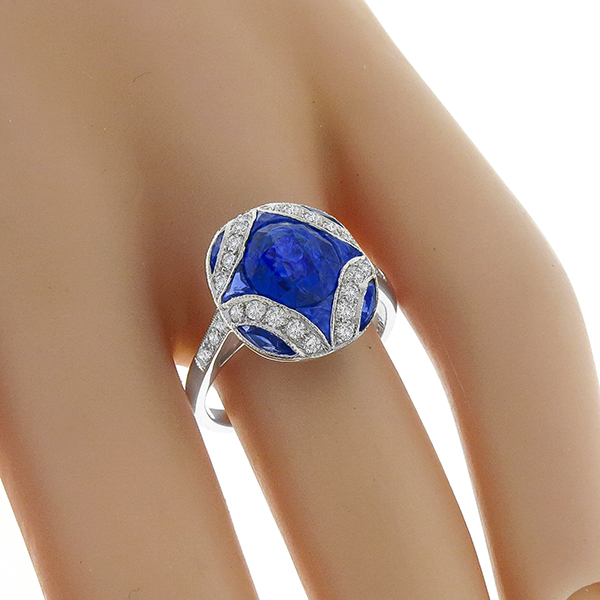 Art Deco Style 2.37ct Oval Cut and 1.16ct  Faceted Cut Sapphire 0.40ct  Round Cut Diamond 18k White Gold Ring