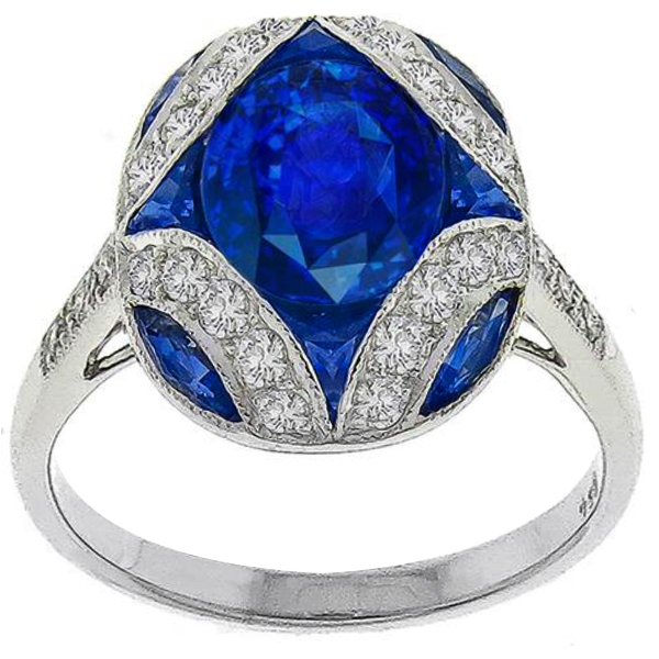 Art Deco Style 2.37ct Oval Cut and 1.16ct  Faceted Cut Sapphire 0.40ct  Round Cut Diamond 18k White Gold Ring