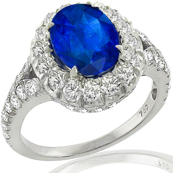Art Deco Style 2.72ct Oval Cut Ceylon Sapphire & 1.43ct Round Cut Diamond 18k White Gold Engagement Ring 