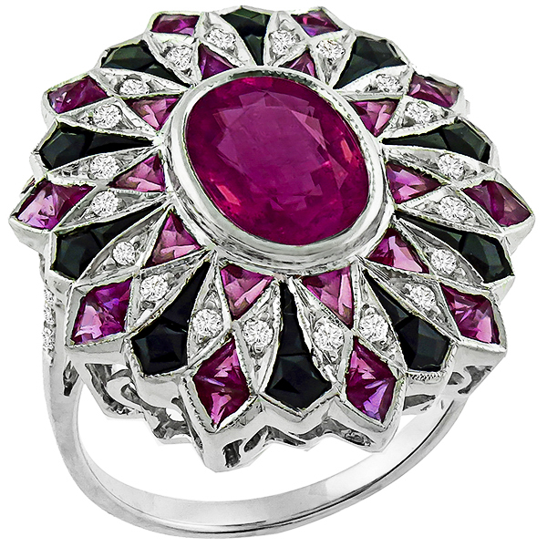 Pink Sapphire Diamond Onyx Gold Ring 