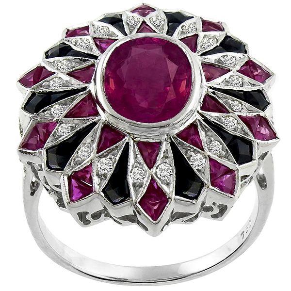 Pink Sapphire Diamond Onyx Gold Ring 