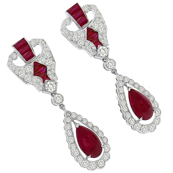 Antique Style Ruby Diamond Gold Earrings 