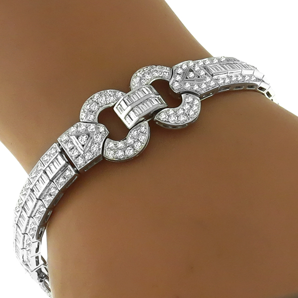 Art Deco Style 7.00ct Round & Baguette Cut Diamond 18k White Gold Bracelet