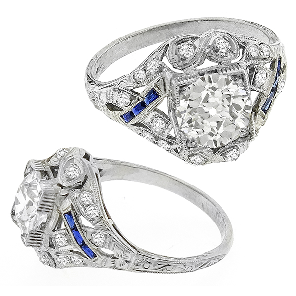 Art Deco 1.28ct Diamond Sapphire Engagement Ring