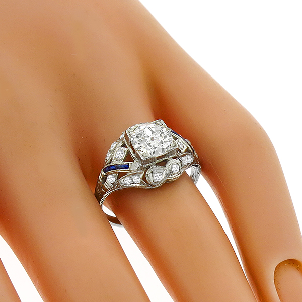 1.28ct Old European Cut Diamond Sapphire Platinum Engagement Ring