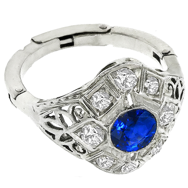 Antique Art Deco 0.80ct  Round Cut Sapphire Old Mine  Diamond 14k White Gold Ring 