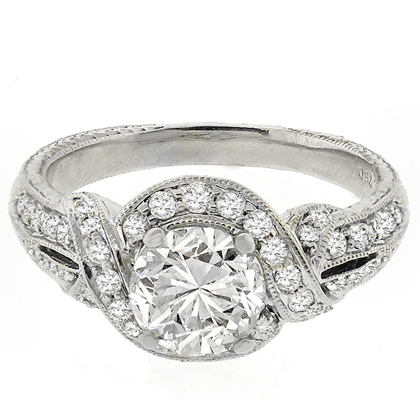 Estate Art Deco Style 1.40ct Round Brilliant Diamond 18k White Gold Engagement Ring 