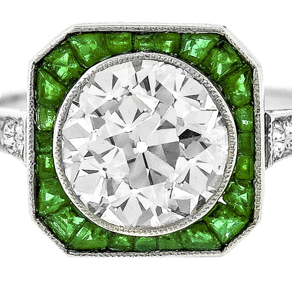 Estate Art Deco Style 2.28ct Old European Brilliant Diamond  Emerald 18k White Gold Engagement Ring 