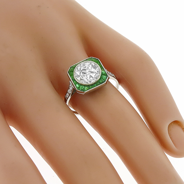 Estate Art Deco Style 2.28ct Old European Brilliant Diamond  Emerald 18k White Gold Engagement Ring 