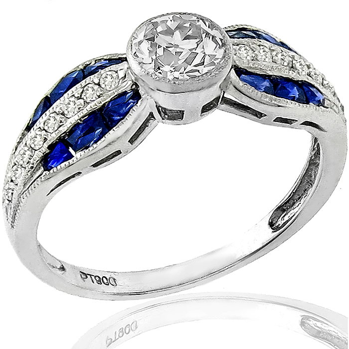 Art Deco Inspired GIA 0.62ct Diamond Sapphire Engagement Ring