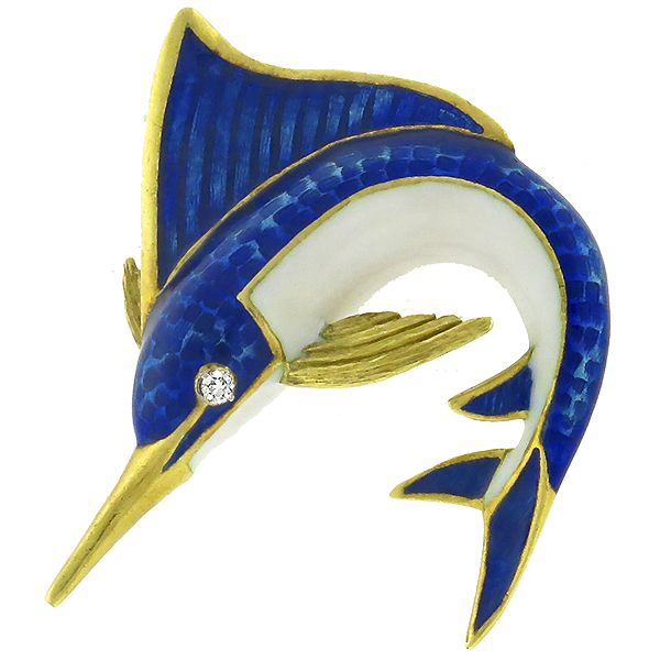 18k yellow gold enamel sail fish pin 1