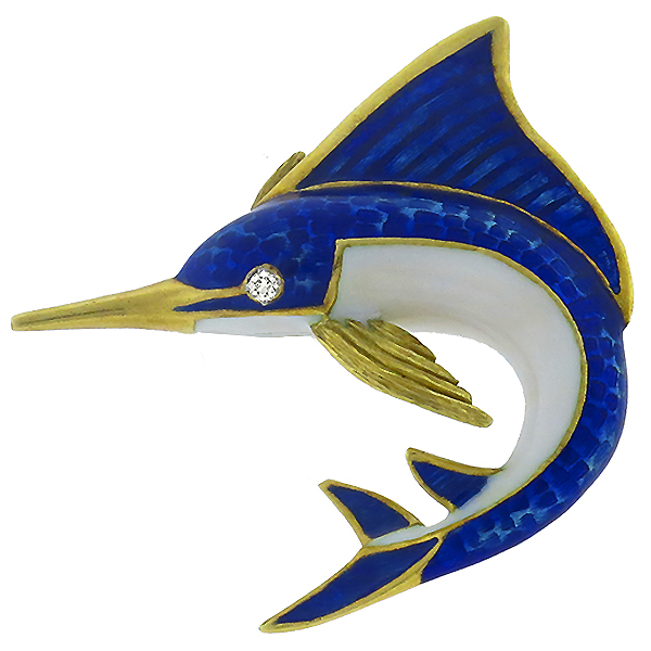 18k yellow gold enamel sail fish pin 1