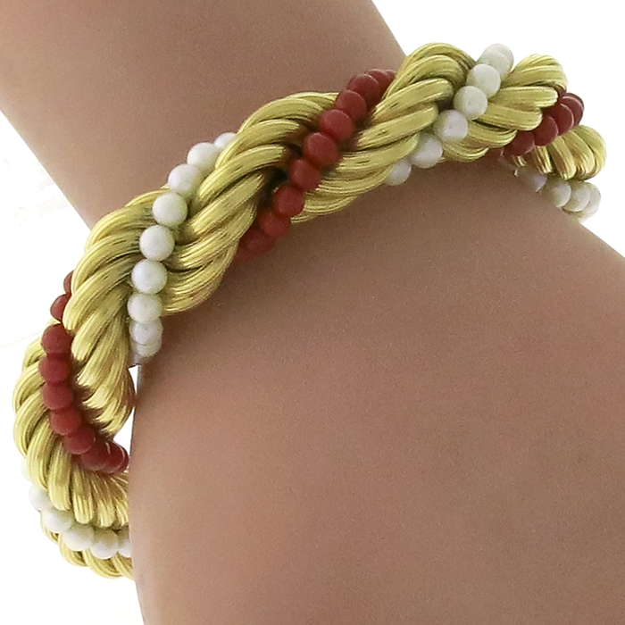 Pearl And Coral Bead Gold Bracelet