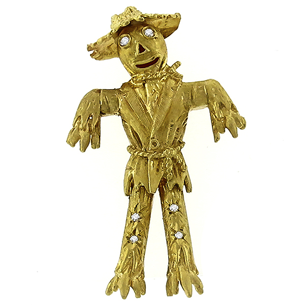 diamond 18k yellow gold scarecrow pin 1