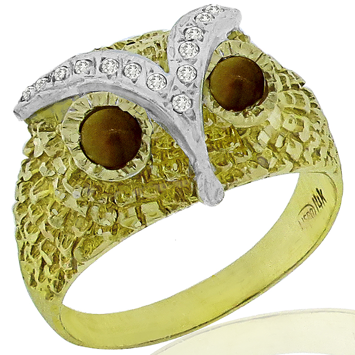 Diamond Tiger's Eye 2 Tone Gold Owl Ring
