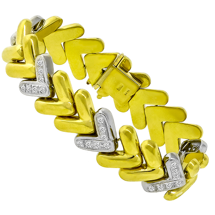 Estate 1.75ct Round Brilliant Diamond 18k Yellow And White  Gold Chevron Bracelet