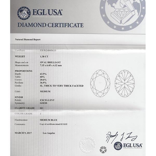 EGL Certified 1.38ct Diamond Engagement Ring