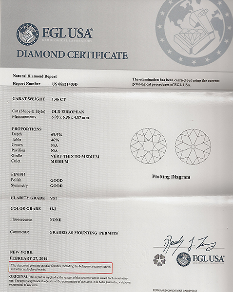 egl certified 1.46ct diamond engagement ring photo 1