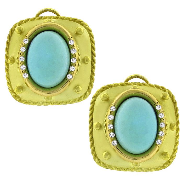 E Gallant Turquoise Diamond  14k Gold Earrings