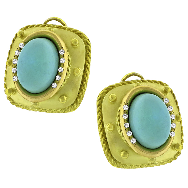 E Gallant Turquoise Diamond  14k Gold Earrings