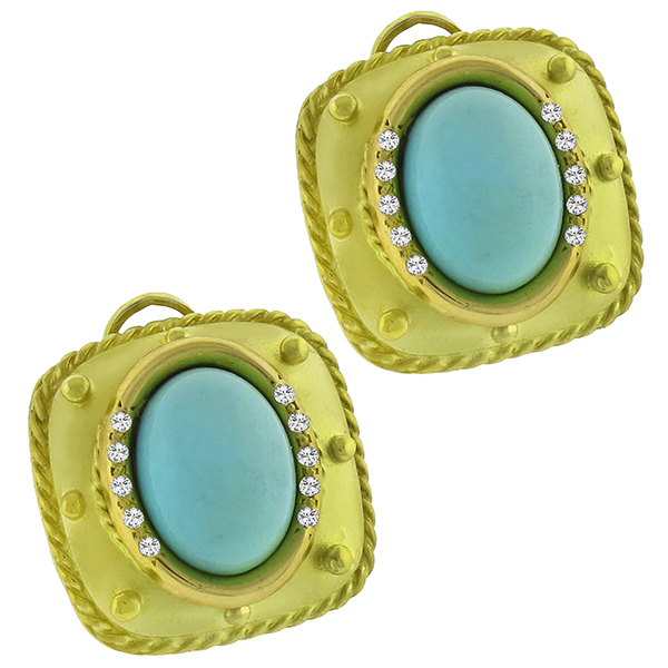 E Gallant Turquoise Diamond  14k Gold Earrings