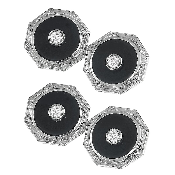 Edwardian 14k   White Gold 0.20ct Diamond Onyx Cufflinks 