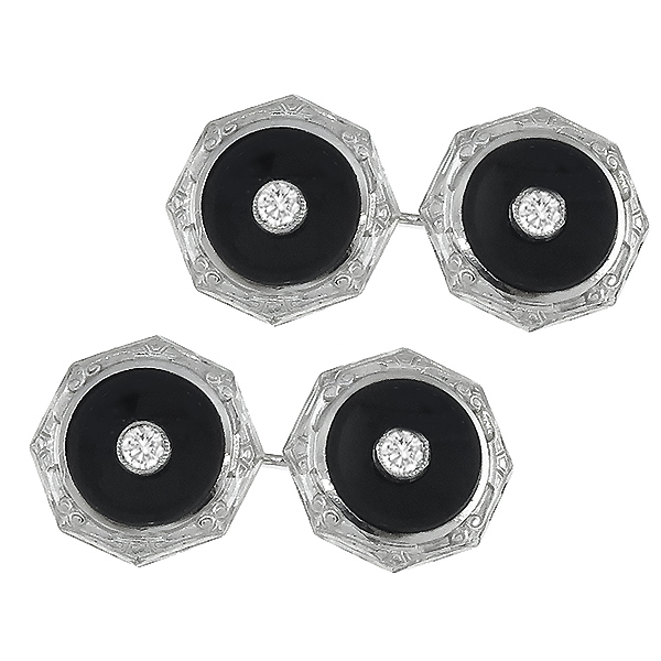 Edwardian 14k   White Gold 0.20ct Diamond Onyx Cufflinks 